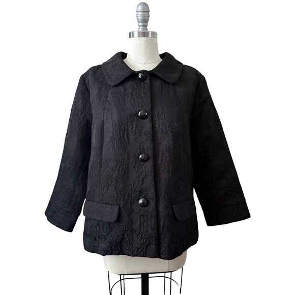 Old Navy Black Floral Jacquard Coat XL Button Front Mid Length Jacket - Picture 1 of 6